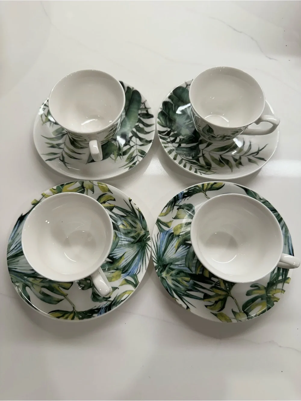 Tropical Leaf Porcelain Espresso Cup and Saucer Set of 4- Green
